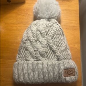 UGG Light Gray Cable Knit Beanie with Pom-Pom